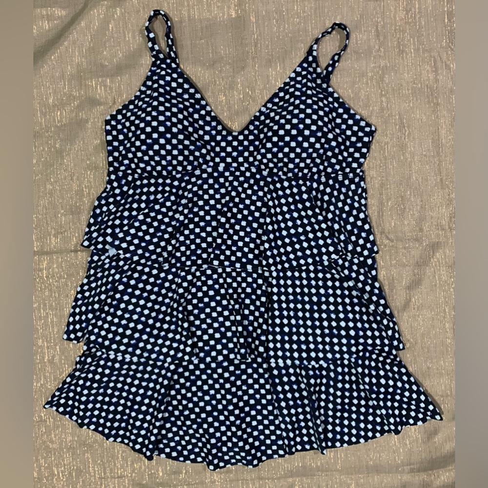 Jaclyn Smith collection womens tiered swim dress black blue white size 16
